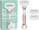 Gillette Venus Deluxe Smooth Sensitive Women's Razor, 3 Razor Blade Refills, Rose Gold Metal Handle, Lubrastrip with A Touch of Aloe Vera, Ladies Razors Sensitive Skin